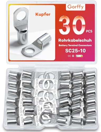 Gorffy Rohrkabelschuhe Set 30 Stück, SC25-10 Kabelschuhe Set, Verzinntes Kupfer Ringkabelschuhe Set, SC Rohrkabelschuh Set, Kabelschuhe 25mm², Rohrkabelschuhe M10 für Kfz Batteriekabel