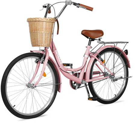 Betterland Beach Cruiser Bike for Women, 24 Inch Female Commute Bike with Basket, Womens Bike with Dual V-Brake, Adjustable Seat(Pink)