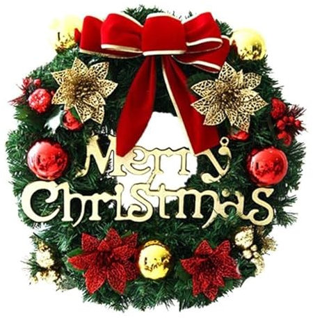 TianWlio Weihnachten außen und innen Adventskranz Deko Dekorativer künstlicher Weihnachtskranz aus PVC mit roten und Kugeln Weihnachten Deko Türkranz Willkommensschild (Red, One Size)