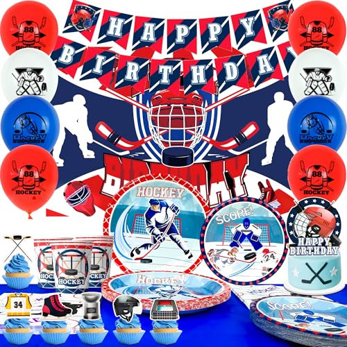 Hockey Geburtstag Dekorationen,20 Gäste Ice Hockey Party Zubehör Teller Banner Luftballons Kuchen Topper Serviette etc Hockey Party Dekorationen