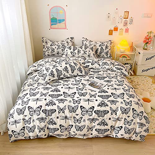 Lunoroey Bettbezug-Set mit Schmetterlingen, Einzelbett, Schmetterlingen, Motten, Libelle, Marienkäfer, Insekten, bedruckt, weich, leicht, für alle Jahreszeiten, Schwarz und Weiß