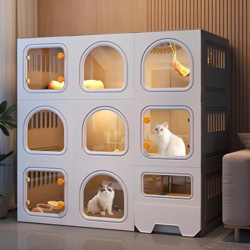 XAoSCd Jaula para Gatos De Interior De 3 Niveles, Recinto para Gatos con Caja De Arena, Jaulas para Gatos con Ventana, Fácil De Montar, para 1 O 2 Gatos,Grey
