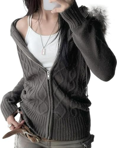 LLECDASEUI Faux Fur Trim Hoodies for Women, Y2k Cable Knit Long Sleeve Cropped Sweatshirt, Zip Up Slim Jacket with Fur Hood