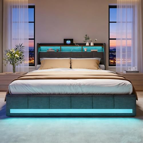 BRILVERDE Polsterbett 160x200 mit Stauraum, Doppelbett mit USB und LED, Jugendbett mit 4 Schubladen, Bettgestell mit Lattenrost und Kopfteil, Stauraumbett, Linen (Grau, 160 x 200 cm)