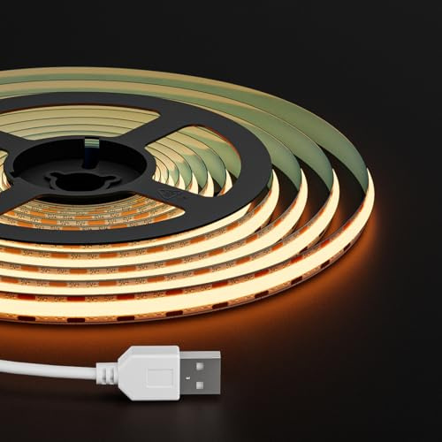 FCOB COB USB LED Streifen Flexible Warmweiß 2700K 2M 320LEDs/M DC5V CRI90+ | 8mm Breite Dimmbare Hohe Dicht LED Band Licht Uniform Helligkeit für TV-Hintergrundbeleuchtung DIY Dekoration(ohne Dimmer)