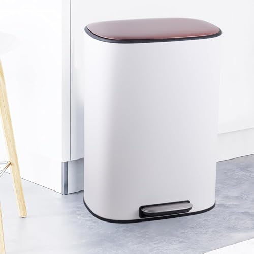 ETECH-SELLER Kitchen Bin 50L Stainless Steel Luxury Kitchen Bin Rose Gold Top Lid Pedal Dust Bin Rubbish Bin With Soft Closing Lid And Removable Inner Compartment (White/Rose Gold)