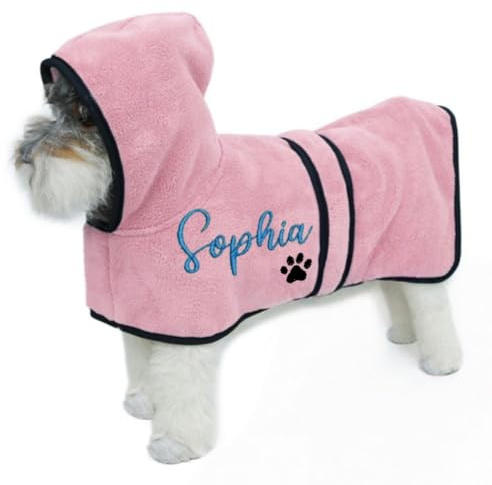 Personalisierter Hundebademantel, Mikrofaserhandtuch Mit Individuellem Namen Und Pfotenabdruck, Ultraweicher Hundebademantel Mit Verstellbarem, Schnell Trocknendem Haustiermantel(Pink,M)