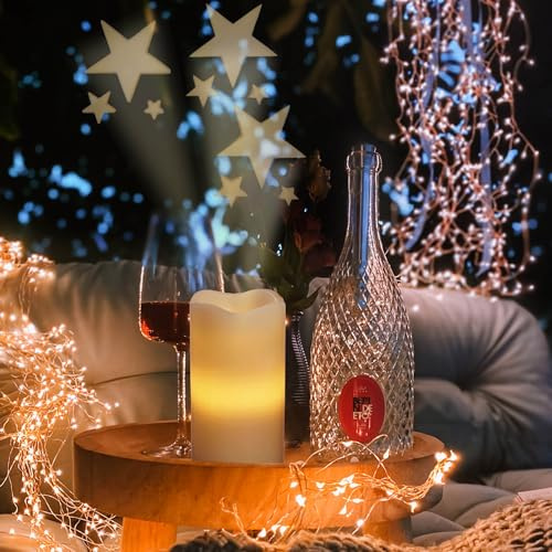 Hellum LED Kerze mit Timerfunktion Sternenhimmel Projektor, 8x15cm, LED Echtwachskerzen mit Timer, elektrische Kerze mit Batterie (3xAAA nicht inkl.), Sternenprojektor 525274
