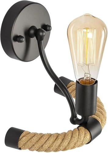LEDSone Industrial Wall Light E27, Rustic Wall Lights with Hemp Rope, Retro Black Matel Wall Sconce Light for Bedroom, Hallway, Restaurant (Black Single - with Bulb)