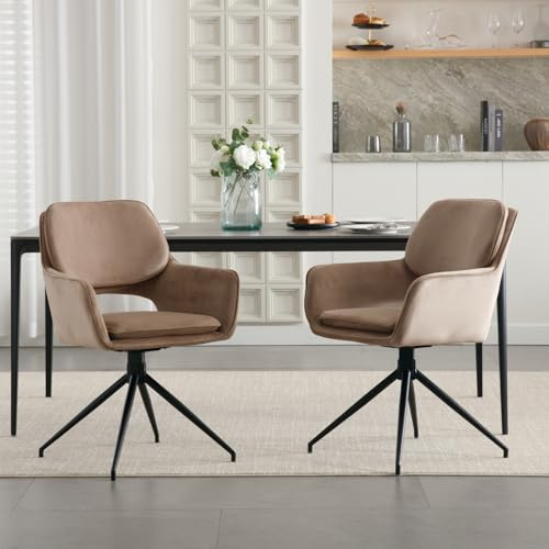 DAYALANE Drehbar Esszimmerstühle 2er Set, Drehstuhl Küchenstuhl Polsterstuhl mit Armlehnen Metallbeine aus Samt, für Esszimmer Wohnzimmer Küche Schlafzimmer Lounge, Braun