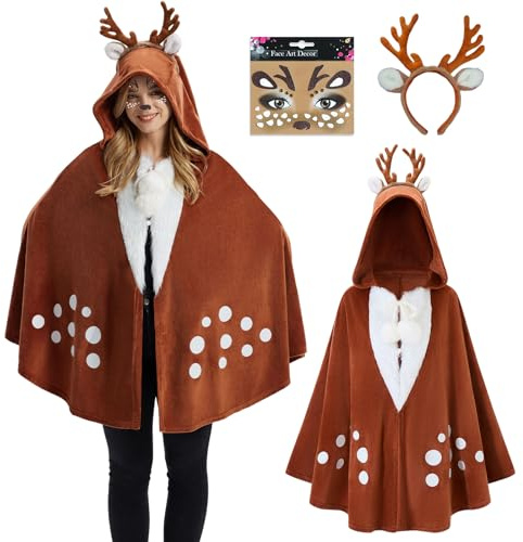 EinZeugnik REH Kostüm Damen, Karneval Rentier Cape Kostüm, REH Rentier Geweih Haarreifen, Gesichtstattoo, REH Bambi, Erwachsene Braunes Rentierkostüm Damen Kostüm für Fasching Motto Party Halloween