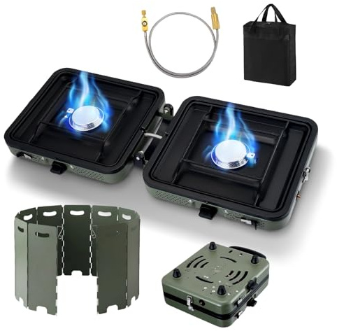 2 Burners Portable Folding Camping Gas Stove 4400W Adjustable Burner | Lightweight Gas Stove with Wind Shield, Carry Bag for Camping, BBQ, Emergency Cooking, Picnic, Backpacking