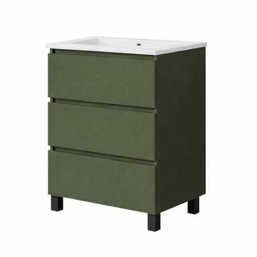 Baikal Mueble de Baño REN. 60cm Verde Musgo. Incluye Lavabo. Entrega Montado. Mueble con Patas. 3 Cajones con Cierre Amortiguado.