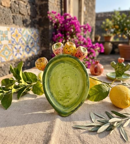 Mondocreazioni Svuota Tasche Pala ficodindia Rotonda in Ceramica siciliana di Caltagirone Decorato a Mano