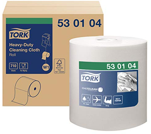 Tork 530104 Paño de limpieza de uso intensivo Premium / 1 capa/Papel multiuso superabsorbente compatible con el sistema W1 / 1 bobina x 269,8 m de largo/color blanco