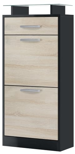 Vladon Schuhschrank Loret V2, Schuhkipper für 8 Paar Schuhe mit 2 Klappen, 1 Schublade und Glasablage, Schwarz matt/Eiche Sägegrau (46 x 104 x 23 cm)
