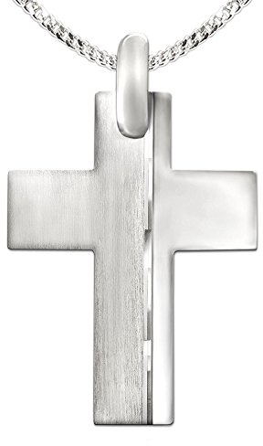 CLEVER SCHMUCK Herren Halskette und Anhänger großes Kreuz 34 mm breite Balken matt glänzend mit Linie diamantiert + Kette Panzer 60 cm Sterling Silber 925 im Kreuz Etui schwarz