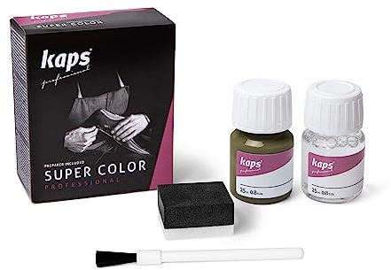 Kaps Dye Super Color + Preparer (25 ml Each), Professional Leather Dye for Natural Leather, Faux Leather and Fabric, for Nourishing and Repairing Leather Shoes (134 - Olive Green)