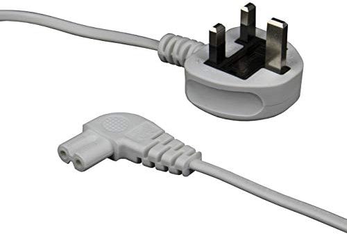 White 10m Mains Power Cable/Lead by electrosmart® ~ 3 Pin Moulded UK Plug to Right Angled IEC C7 Figure 8