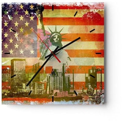 Modern Wanduhr Symbol USA Freiheit 30x30cm Quadrat Klein Wand Uhr Glas Analog Zimmeruhren Küche Büro Wohnzimmer Glasuhr Wall Clock Dekoration Design Wanddekoration Küchenuhr C3AC30x30-2543