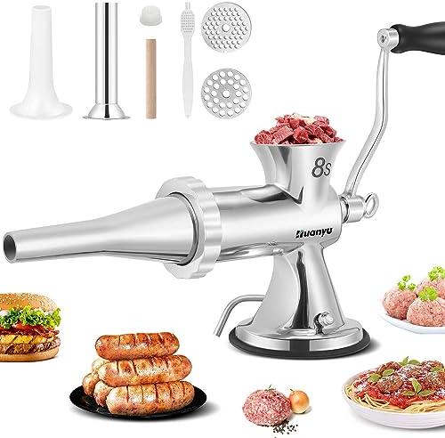 Huanyu Meat Grinder & Sausage Stuffer Stainless Steel Manual Meat Grinder Sausage Filler Filling Machine for Pork, Beef, Fish, Chicken Rack, Pepper, Mushrooms, Long Beans, ect. (With Two Enema Mouths)