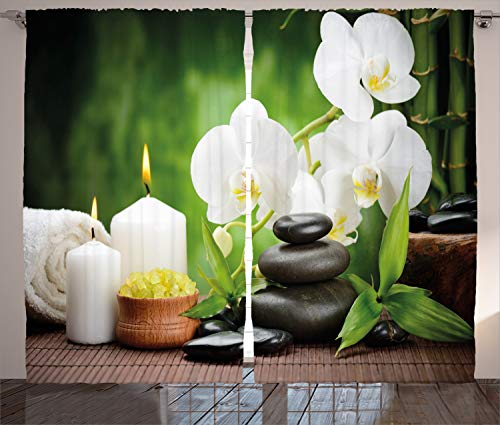 ABAKUHAUS Spa Rustikaler Gardine, Steine und Orchideen, Schlafzimmer Kräuselband Vorhang mit Schlaufen und Haken, 280 x 245 cm, Schwarz Grün