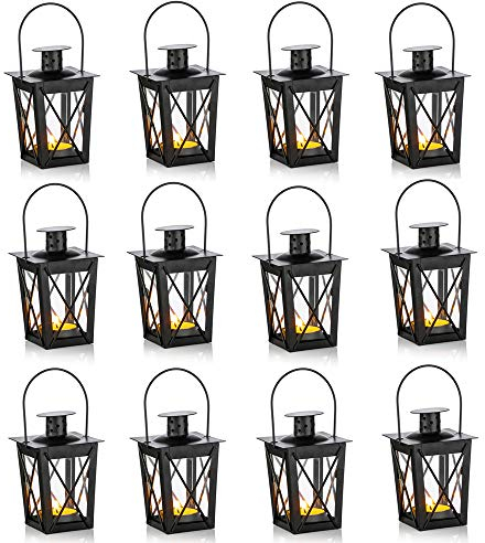 NUPTIO 12 Pcs Vintage Métal Mini Bougie Décorative Lanterne Bougie Chauffe-Plat, Décoration De Bougie LED Lumière De Thé pour La Fête d'anniversaire Pièce Maîtresse De Mariage, Noir (10 Pcs + 2 Pcs)