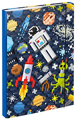 Heftbox für Schulranzen A4 - Sammelmappe für Kinder mit Gummiband und Innenklappen - Heftmappe, Sammelbox mit Gummizug für Jungen (Space Game)