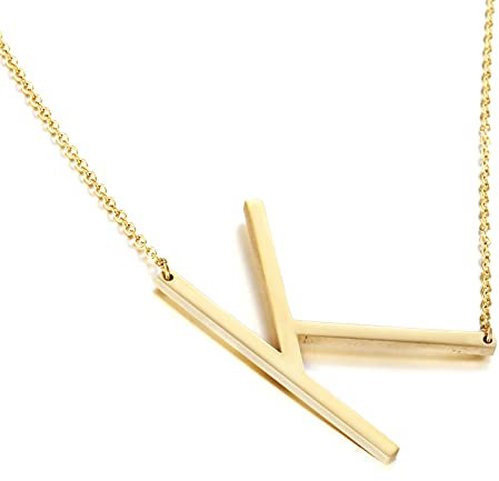 HIJONES Damen Edelstahl Seitlich Anfangsbuchstaben Halskette Choker Kette Alphabet Anhänger, Gold Buchstabe K