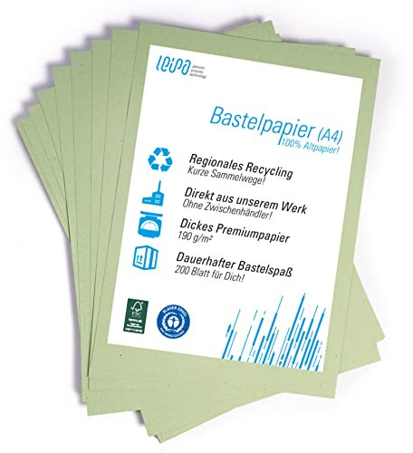 200 Blatt recyceltes Buntpapier Basteln Grün Bunte Pappe Blätter für Kinder A4 190g/m² LEIPA Manila-Karton Dekorieren, Tonpapier Bastel-Papier Bastelset Malblock, Vintage/Retro (Grün)