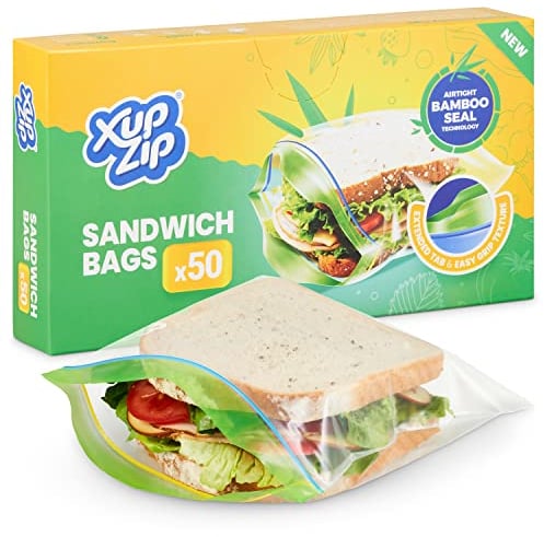 XupZip Sandwich Bags 19 x 17cm - 50-Pack Ziplock With Airtight Bamboo Seals - Sturdy Plastic for Sandwiches - Easy To Open Zip Lock - BPA-Free Food Storage - Reusable