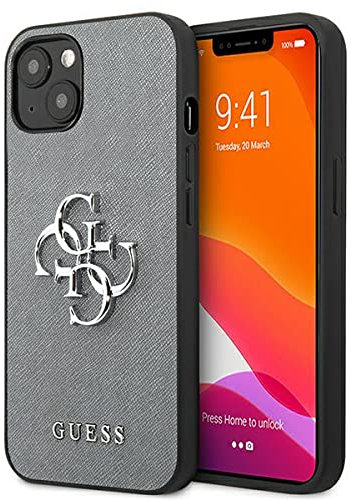 Guess GUHCP13SSA4GSGR Hülle für iPhone 13 Mini 5.4 mit Saffiano 4G Logo Metall Grau