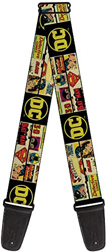 Buckle-Down Gitarrengurt – Vintage DC Comics Superhelden und Logos Collage Schwarz – 5,1 cm breit – 73,7–137,2 cm Länge