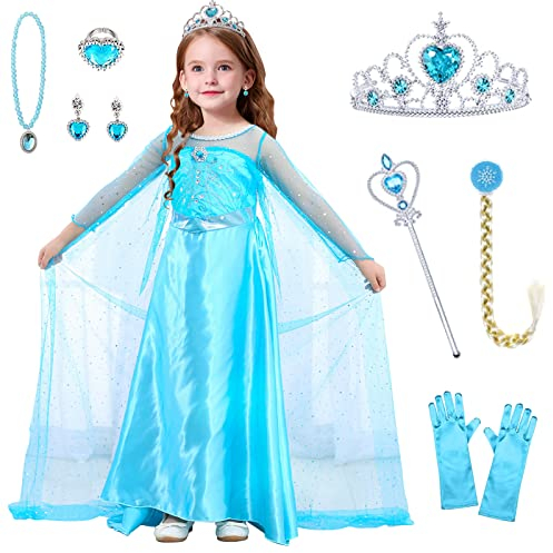 YADODO Elsa Kostüm Kinder Mädchen Prinzessin Elsa Kleid Mädchen Eiskönigin 110 116 mit Krone Diadem Handschuhe Zauberstab Kostüm Elsa Kinder Mädchen für Weihnachten Karneval Geburtstag Party 120cm