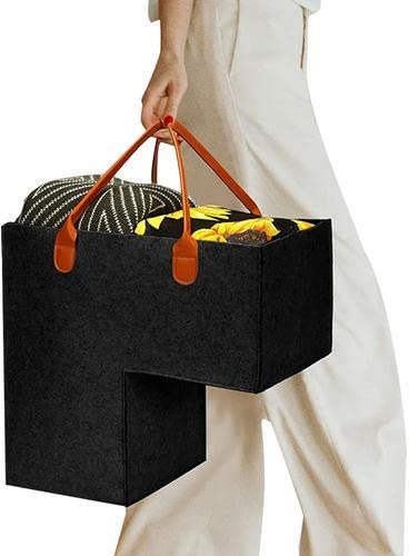 TYTOGE Treppenkorb mit Leder, Griffe Filz Teppich Treppen Organizer Holz Treppen Aufbewahrung Organizer