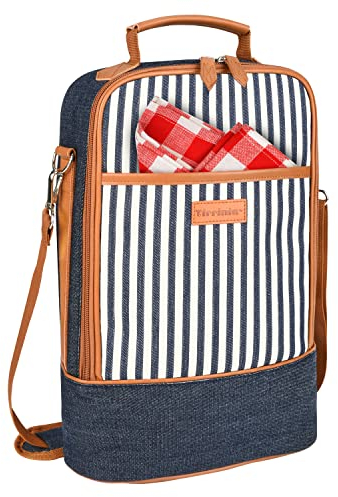 Kato Tirrinia Wine Cooler Bag Insulated Bottle Bag Wine Carrier, Bottles Cooler Bag Wine Gift Bag Portable with Strap Leakproof Padded for Picnic Party Camping, 2 Bottle, Denim Stripe