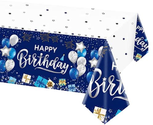 POPOYU Plastique Nappe Rectangulaire Anniversaire,137x274cm Nappe Blanche Fête Bleu Decoration Joyeux Anniversaire,Jetables Nappes Décorées de Fête pour Intérieur Extérieur Deco Table Anniversaire