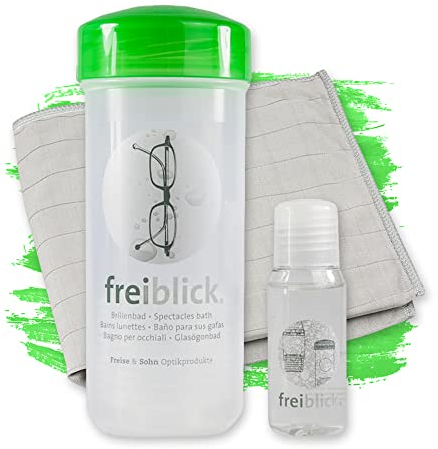 Freiblick Brillenbad (Grün) im Set mit 50ml Spezialreiniger und Mikrofasertuch | Brillenputztuch in Optiker Qualität | Brillenreinigung für jede Brille