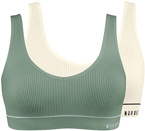 Nur Die 2er Pack Retro Bustier sportlich ohne Bügel bügelloser BH Bra Unterwäsche Damen, Khaki/Offwhite, XL