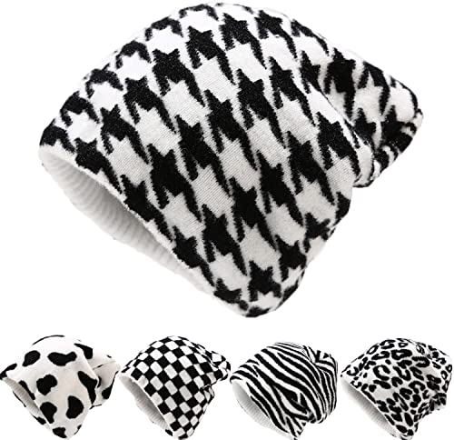 Beanie mit Kuh-Print, Unisex Y2K Winter Warm Stricken Vintage Tiermuster Hip-Hop-Mütze Einheitsgröße (Hahnentritt)