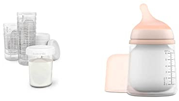 Suavinex, Set 10 Tarritos Almacenaje Leche Materna + Biberón Anticólicos Zero Zero con Tetina de Silicona de Flujo Adaptable (A), Biberón para Recién Nacidos compatible Lactancia Materna, 180 ml