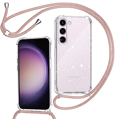 Tikgue Collier Coque Glitter pour Samsung Galaxy S23 5G avec Cordon, Transparent Paillettes Etui TPU Bumper Silicone Case avec Chaîne Lanière Housse Compatible avec Samsung Galaxy S23 - Or Rose