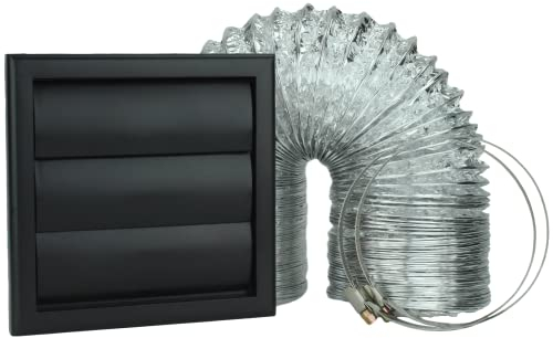 VENTS Black 4 inch Cooker Hood Tumble Dryer Bathroom Air Vent Full Kit 100 mm Extractor Fan Cover External Wall 3 Metre of Flexible Ducting Fittings Fixing Clips (VENTS-CHK-100-3-VJBL)