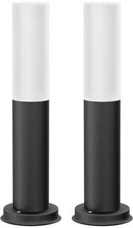 ledscom.de 2 Stück Pollerleuchte PORU, Glas, für außen, schwarz, rund, 37,5cm, inkl. E27 Lampe, 471lm, extra-warmweiß