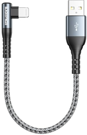 BLACKSYNCZE Cable Cargador iPhone Corto 30CM, [MFi Certificado] Cable iPhone Carga Rápida Nylon Cable Lightning 90 Grados para iPhone 14 13 12 11 Pro Max Mini XR XS Max X 8 Plus 7 Plus 6s 6 SE 2020