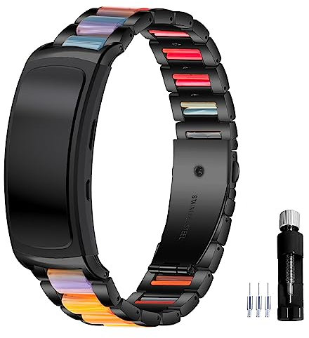 Gheper Résine Acier Inoxydable Bracelet Compatible avec Samsung Gear Fit2 Pro SM-R365/Gear Fit2 SM-R360 Smartwatch Bracelets Bracelet de Remplacement en Métal pour Femme Homme