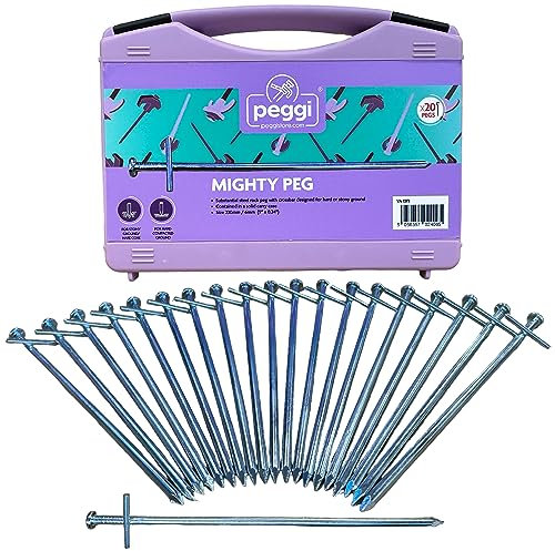 Peggi Tent Pegs Metal Hard Ground Peg 20 Pack with Free Case Strong Camping Pegs For Tents Awning & Hard Ground Pro Tarzan Peg Mallet & Screw in Tent Pegs Available Dimensions: H230mm x W6mm