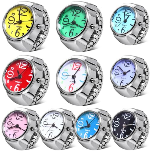 Landical 10 Pcs Finger Watches for Women Men Adjustable Clock Rings Bulk Creative Elastic Round Quartz Finger Watches(Fresh Color,Vintage)