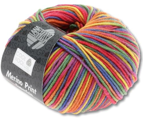 Frida's Wollhaus Lana Grossa 50 g Cool Wool Print Merino Wolle Garn Häkeln Stricken 16 Farben (703 | Lila/Grün/Himbeer/Orange/Gelb/Blau)