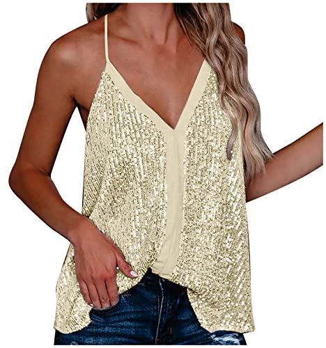 Glitzer Tops Damen V-Ausschnitt - Tanktops Pailletten Cropped Top Spaghetti Camisole Rückenfrei Tank Top Sexy Festliche Oberteile Sparkle Ärmellos Unterhemd Sequin Tunika-West Metallic Shirt